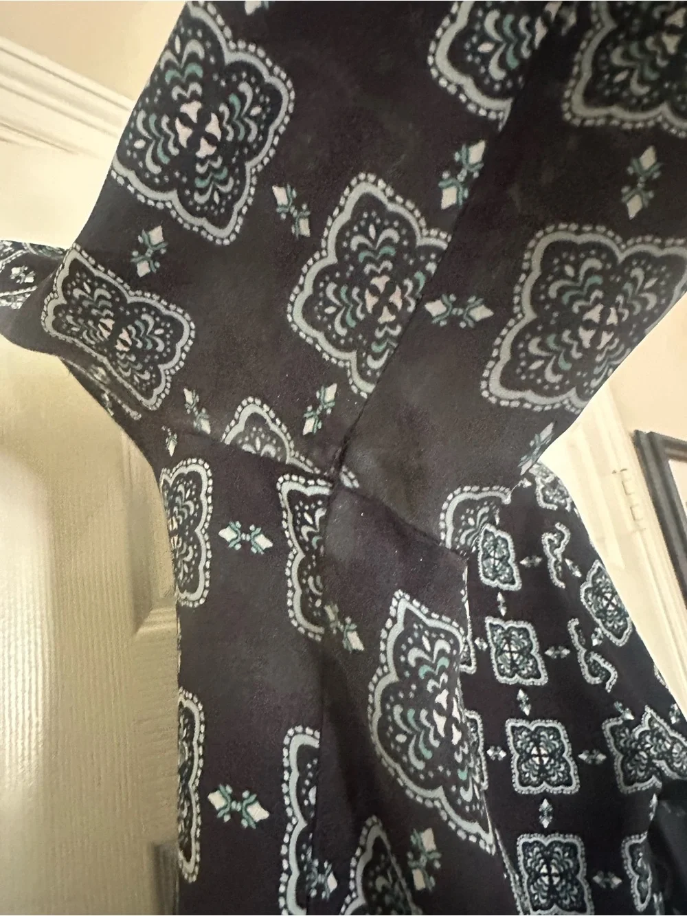 Ann Taylor Navy Blouse with Teal and White Medallion Pattern